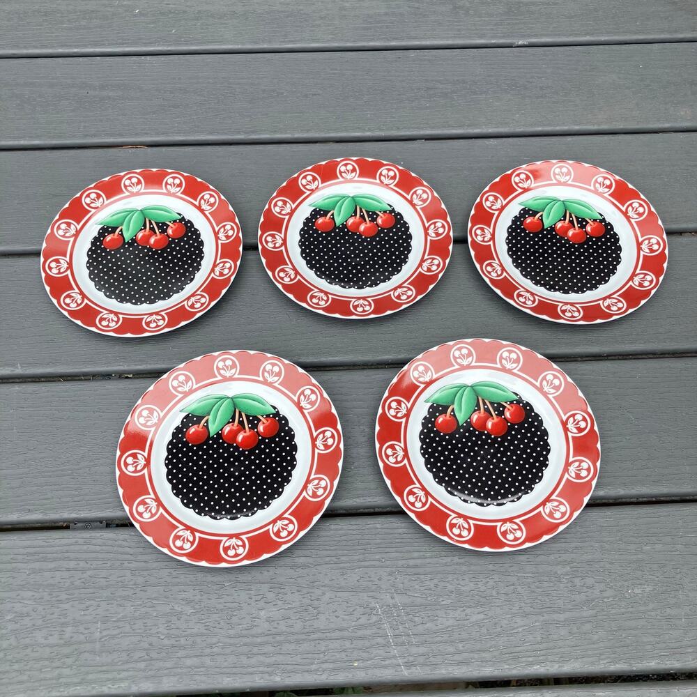 Vintage 2001 black and red cherry dessert plates, At Home With Mary Engelbreit